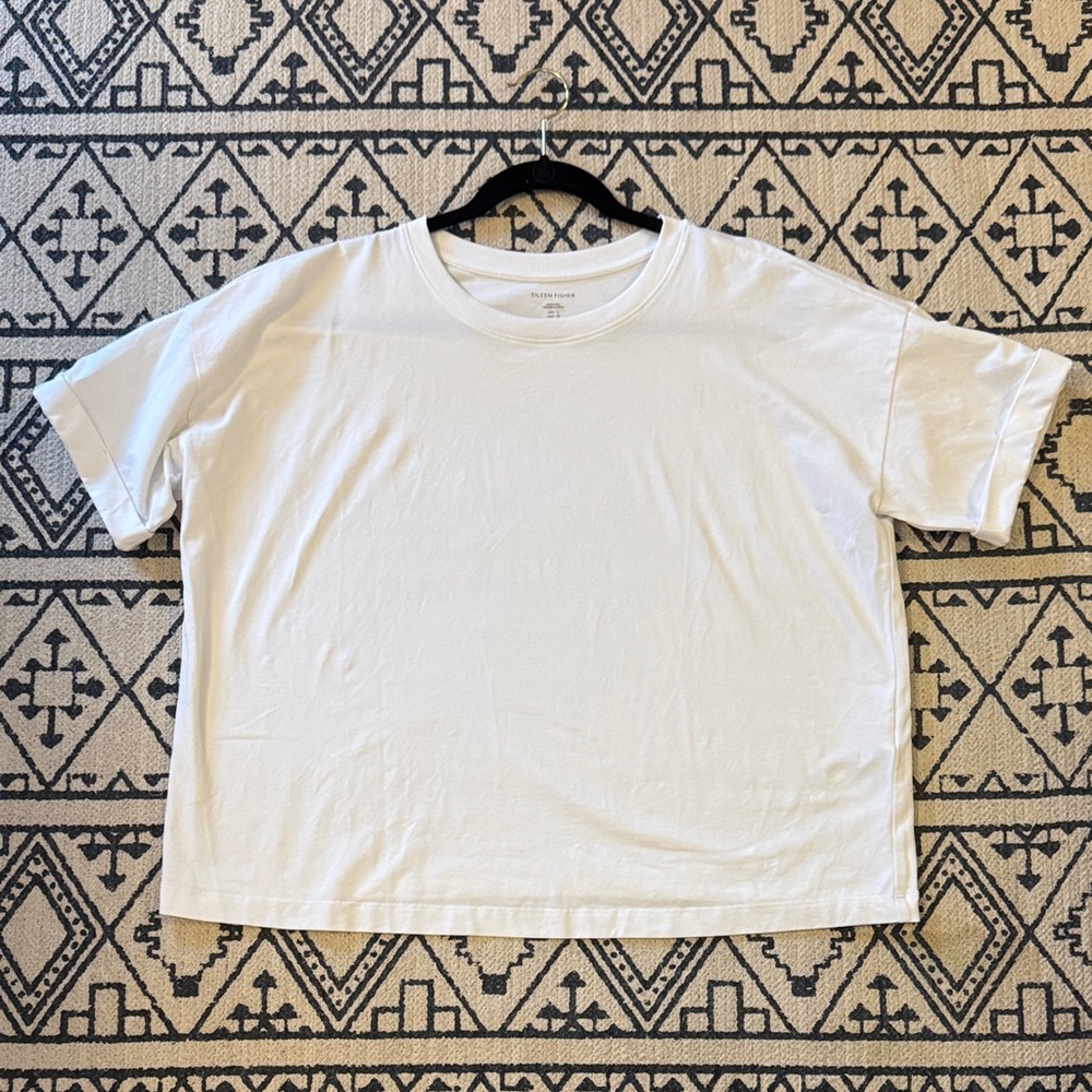 Eileen Fisher White Ribbed Collar Tee Organic Cotton